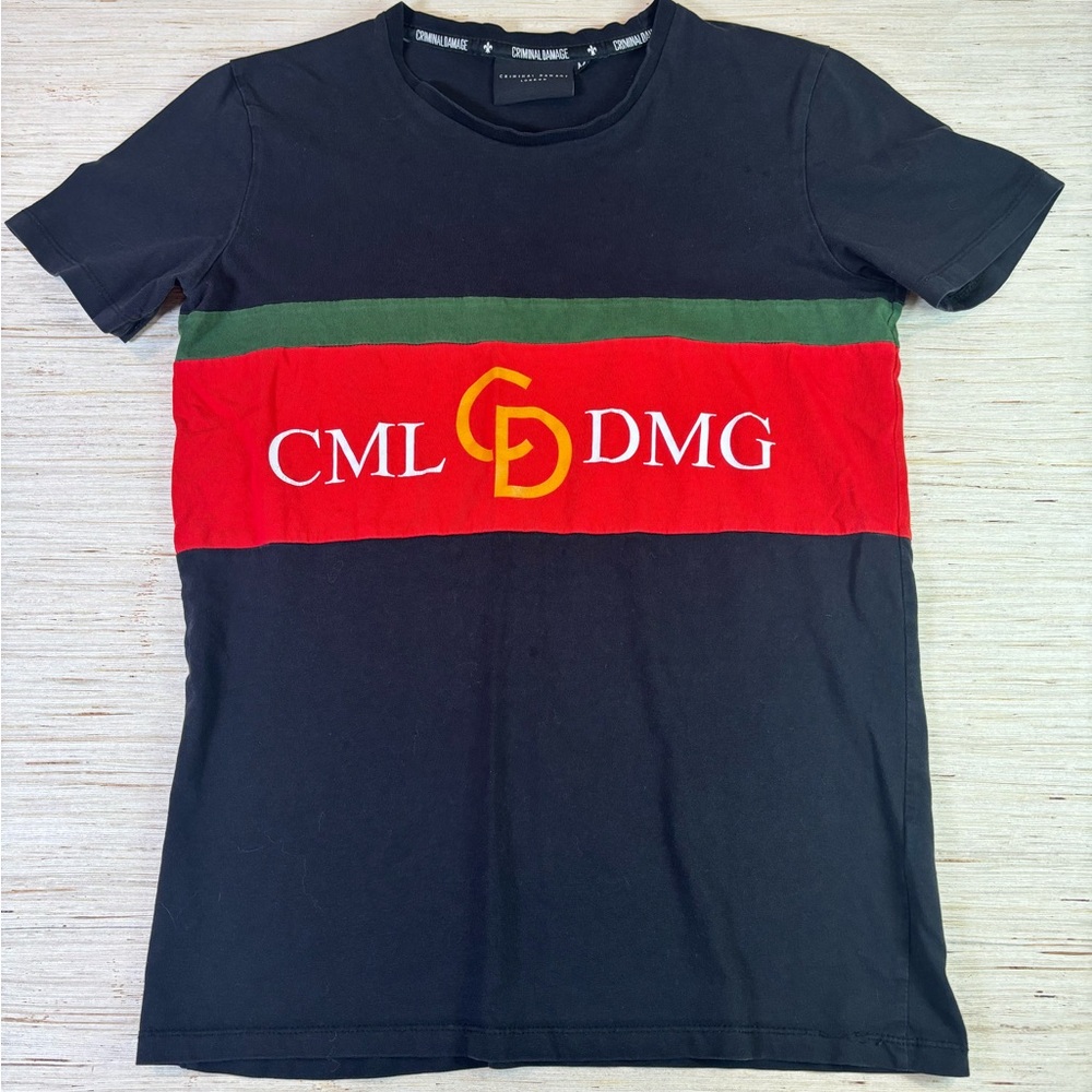 Criminal Damage London Stripe Logo Tee | Black Red Green | Men’s Medium